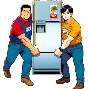 冷蔵庫を運ぶ2人の便利屋のスタッフ